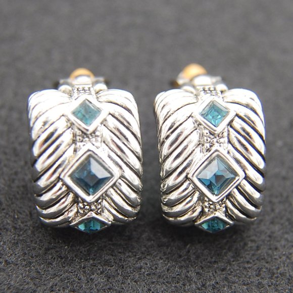 Vintage Silver tone Smokey Blue Topez Clip-On Earrings - Picture 1 of 5